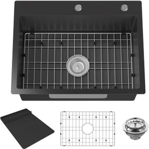 Black Kitchen Sink,24x18 Inch Kitchen Sink Stainless Steel Drop In Kitchen Sink Topmount Stylish and Modern Look Sink With Bottom Grid,Silicon Mat And Drain Assembly Add Elegance & Enhance Usability, 24x18x9 inches