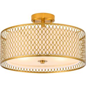 17" Semi Flush Mount Ceiling Light Fixture, 3-Light Gold Light Fixture, Close to Ceiling Light Fixture with White Fabric Lampshade and Gloden Iron Mesh Cage for Dining Room Living Room Bedroom