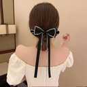 3 x Elegant Rhinestones Hair Clip Big Bow Hairpins For Girls, Ribbon Long Tassel Rhinestone Headband Hair Clips Accessories French Design Barrettes Fashion Hair Styling Accessories (Black)