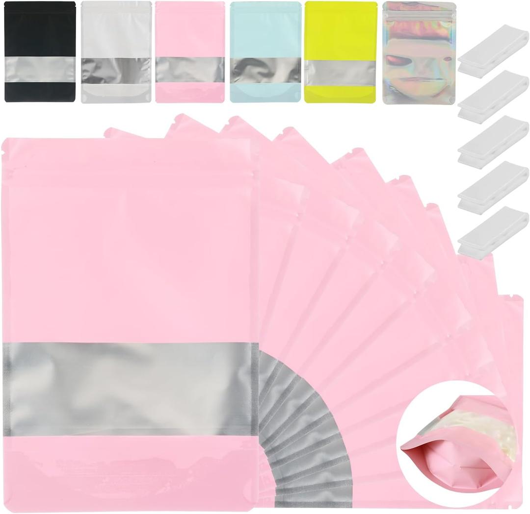 200 Pcs Mylar Bags for Food Storage 4x6 Mylar Bag with Window, Foil Stand Up Resealable Bags for Food, Smell Proof Bag Freeze Dried Candy Packaging Sealable Pouch Jewelry Bracelet Pouch, Pink