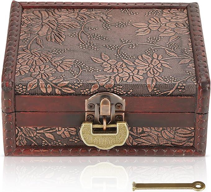 Vintage Decorative Wooden Box with lock and key, Wooden Box with Hinged Lid Jewelry Keepsake Storage Treasure Jewelry Chest