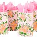 DjinnGlory 25 Pack Small Spring Floral Party Favor Bags with Handles and 25 Tissue Paper for Birthday Wedding Decorations, Pink Paper Gift Bags for Bridal Baby Shower New Moms (9x5.5x3.15 Inch)