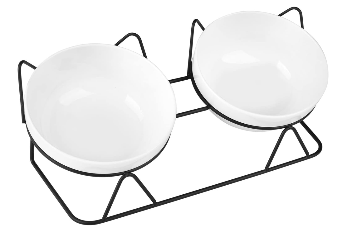 Trosetry Cat Bowls, Double Ceramic Pet Bowls with 15°Tilted Raised Stand for Food and Water, Anti Vomiting Dish Feeder, Perfect Puppy Cats Small Dogs(Black Stand), LLNVBP1966