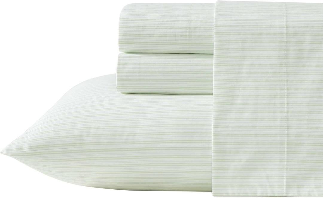 Laura Ashley - King Sheet Set, Crisp & Cool Cotton Percale Bed Sheets, Deep Pockets, Striped Bedding with Matching Fitted Sheet & Pillowcases (Bedford Skinny Stripe Green)