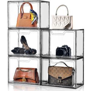 Purse Organizer for Closet,Clear Acrylic Display Case for Handbag Organizer, Purse Storage Box with Magnetic Door, Dustproof Storage Bins for Book, Collectibles, Cosmetic (Grey, 5) (5, Grey)