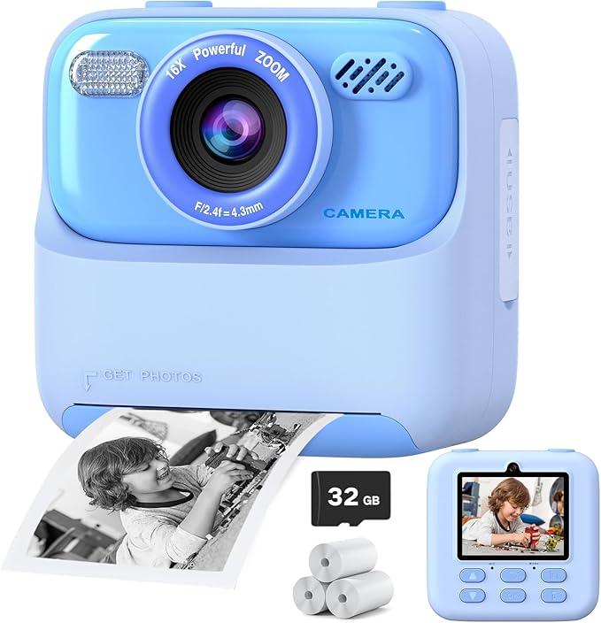 Kids Instant Digital Cameras for Boys and Girls, 1080P HD Dual-Lens Selfie Digital Camera with Print Paper & 32G Card, Christmas Birthday Gifts Toys for Toddler and Teenagers Age 3-16 Years Old