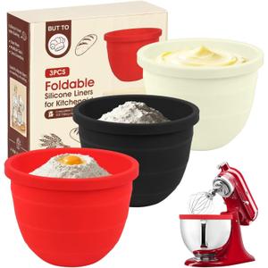 3 PCS Foldable Silicone Liners for Kitchenaid Tilt-Head 5 QT Mixer - Dishwasher-Safe Food-Grade Silicone Bowl Insert - Simple to Use Mixer Accessories for Effortless Baking Prep (Black+Off-White+Red)