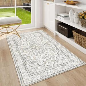 Lahome Oriental Washable Rugs 3x5, Rug for Entryway Indoor Non-Slip, Ultra-Thin Soft Boho Area Rug for Bedroom, Traditional Vintage Low-Pile Entry Throw Rugs Mats for Bathroom Kitchen Helena, Beige
