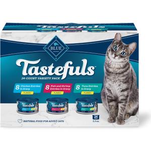 Blue Buffalo Tastefuls Flaked Wet Cat Food Variety Pack, Made with Natural Ingredients, Tuna, Chicken, Fish & Shrimp, 5.5-oz Cans (24 Count, 8 of Each) Best By: 04/08/2027