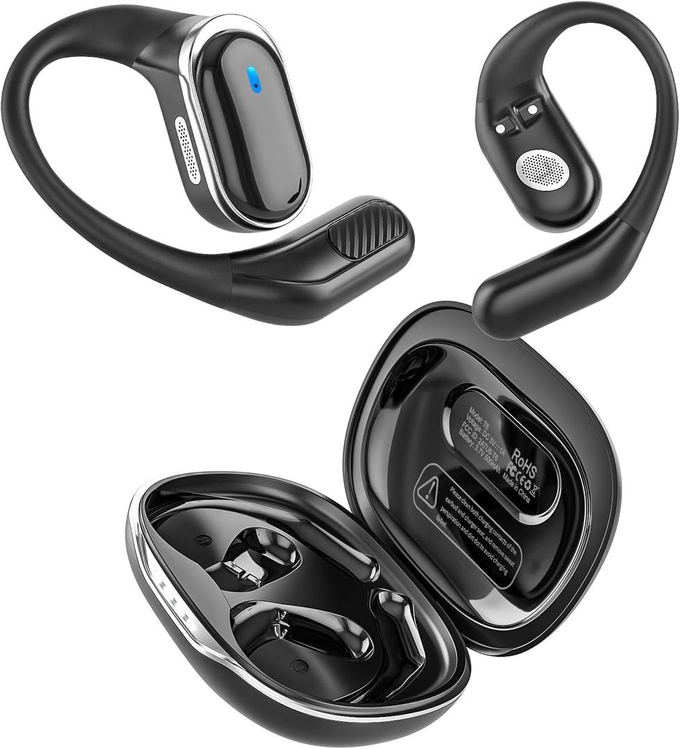 Open Ear Wireless Earbuds, Bluetooth 5.4 Headphones, 50Hrs Playtime Stereo Sound Earphones with IPX7 Waterproof Ear Buds for Fitness/Work/Travel (Black)