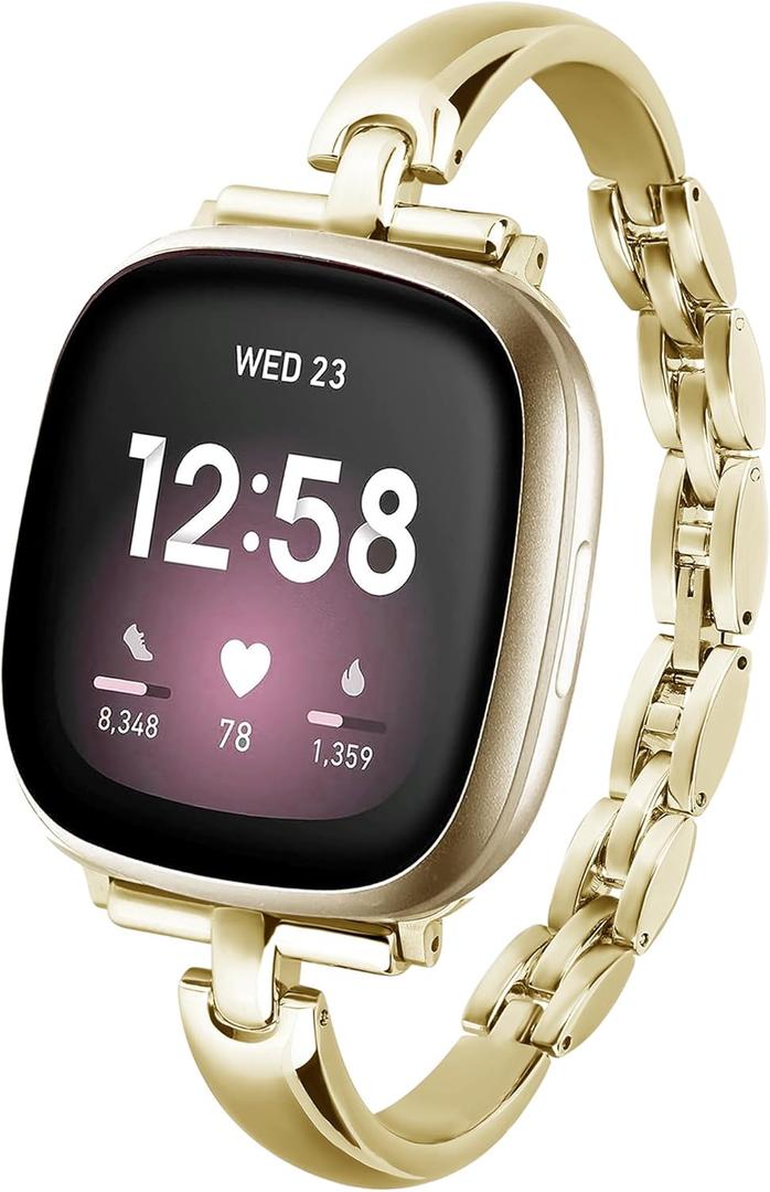 Silm Metal Band Compatible with Fitbit Versa 4/Fitbit Sense 2 Band Cute Women, Bling Jewelry Strap Replacement Compatible for Fitbit Sense/Versa 3 Women (Gold)