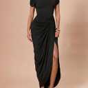 Floerns Women's Elegant Long Dress Asymmetrical Off Shoulder Ruched Slit Bodycon Cocktail Dresses (Black), XL