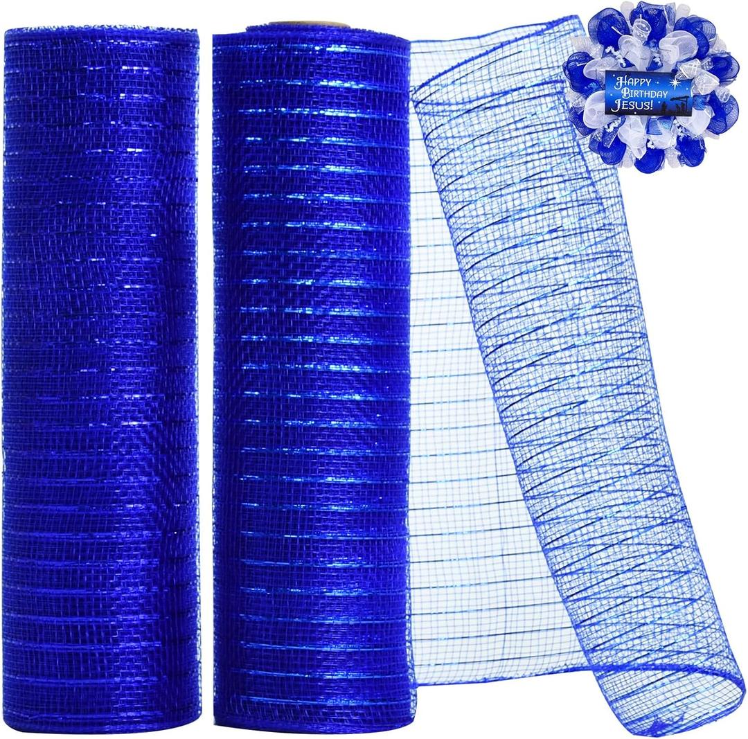 TONIFUL 2 Rolls 10 Inch Blue Decorative Mesh Ribbbon Rolls, Fabric Mesh with Foil for Wreath Supplies, Front Door Wreath Crafts Tree Decor Christmas NewYears Easter Decoration (10 yds/roll)