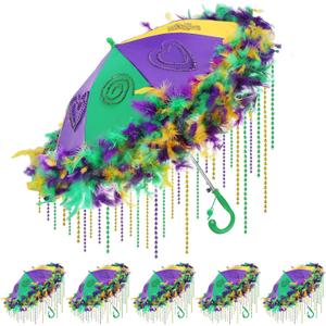 Riceshoot 5 Sets Mardi Gras Umbrellas Second Line Parasol Bulk with 50 Purple Green Gold Beads Necklaces Mardi Gras Feather Boas for Women Masquerade Costume Carnival Party Supplies