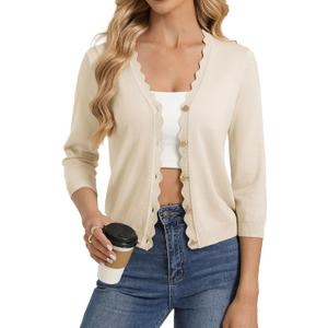 GRACE KARIN Women's 3/4 Sleeve V Neck Button Down Lightweight Cardigan Sweater Open Front Dressy Shrugs Spring Fashion (Medium, Apricot)