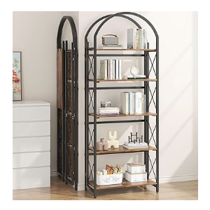 5-Tier Black Arched Folding Bookshelf with Storage Shelves, 71.3" Tall Farmhouse Collapsible Book Shelf with Metal Frame, Multifunctional Etagere Bookcase with Open Shelves for Living Room