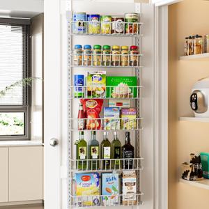 Delamu Adjustable Cabinet Door Organizer, 6-Tier Hanging Spice Rack Organizer, Metal Over the Door Pantry Organizer, Pantry Organizers and Storage Shelves for Kitchen Bathroom Laundry Room, White M