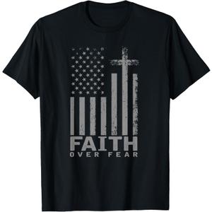 America Pride US Flag Faith Over Fear Prayer T-Shirt (Small, Black)