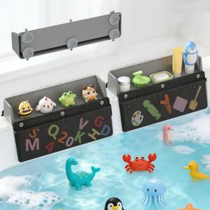 Silicone Bathtub Splash Guard 2-Pack with 10 Suction Cups & Hanging Mesh Shower Caddy, Tub Topper Splash Guard for Kids Bath Tub Water Guard Bathtub Ledge Guard with Detachable Mesh Shower Organizer, 41.783 cm x 12.2936 cm x 9.2964 cm