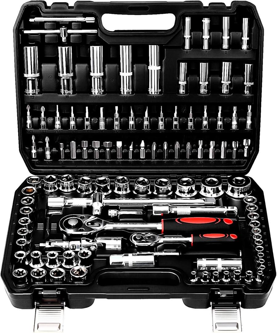 TLGREEN 108 Pcs Mechanic Socket Tool Kit,CR-V Steel Metric And 1/4" & 1/2" Ratchet set,Universal Joint,Extension Bars,Adapter,Quick Release Ratchet Wrench,Tool Box Set for Car Garage Dorm