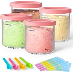 4 Pack Creami Pint Containers and Lids for Ninja with 4 spoons and writable labels, Compatible with Ninja NC299 NC300 NC301 Series Creami Maker Machine Accessories, BPA Free & Dishwasher Safe, Pink