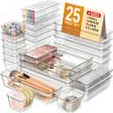 KEMETHY 25 PCS Plastic Drawer Organizers Set, 4 Sizes Vanity Organizer, Makeup and Desk Drawer Organizer Trays, Organization and Storage for Makeup, Bathroom, Kitchen Utensils and Office (Clear)