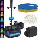 AquaMiracle All-in-One Pond Fountain Kit with Automatic Colorful LED for Outdoor Ponds 500-750 Gal, 850GPH Koi Pond Filter Pump with U - V Light to Tackle Green Water Al-gae, with 3 Spray Patterns