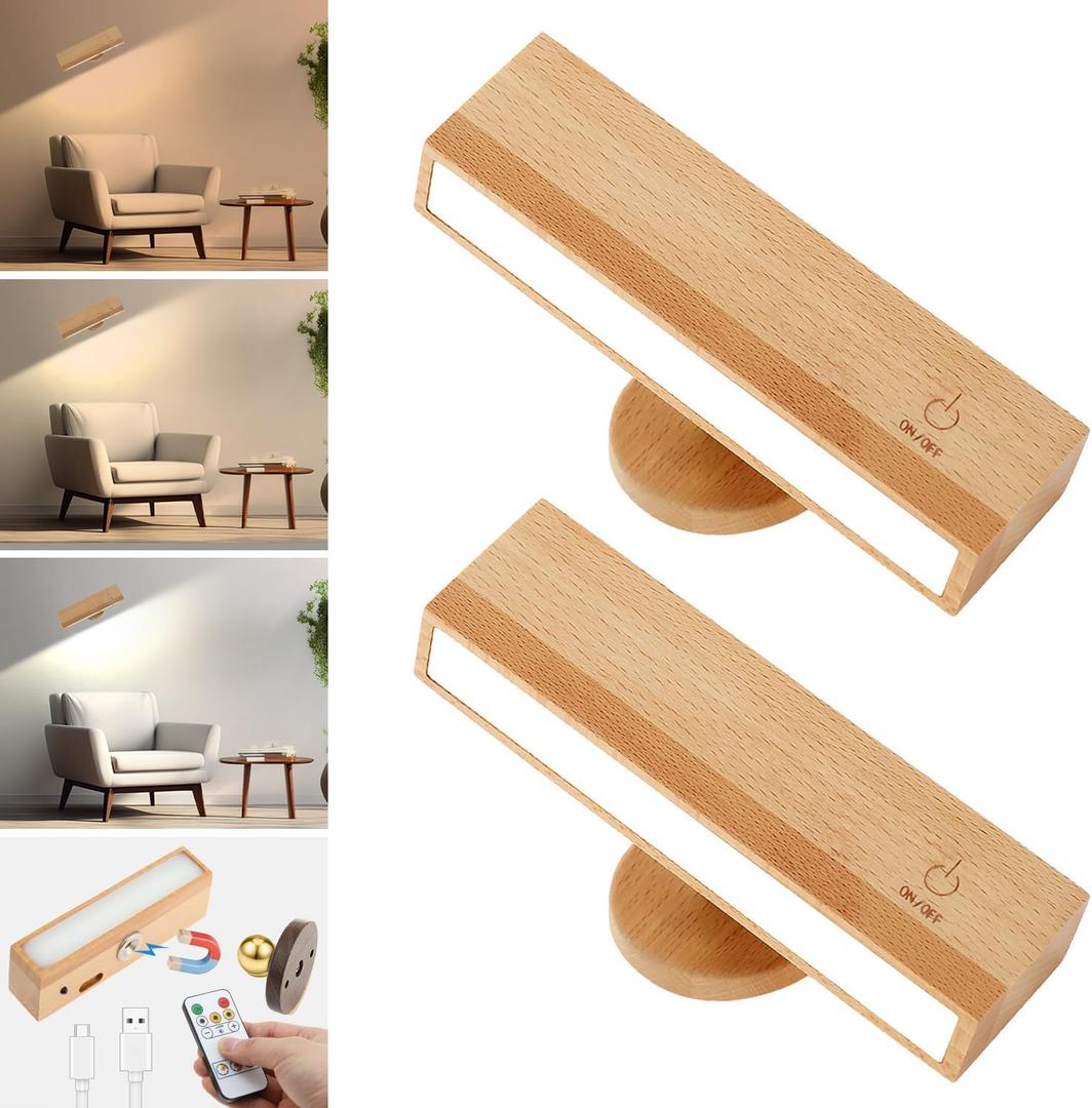 Battery Operated Led Wall Sconces, 2 Pack Wireless Wall Lights with Remote for Bedroom, 3 Color Temperature 360Rotatable Rechargeable Magnetic Wood Wall Lamp for Living Room Bedside (Beech Wood)
