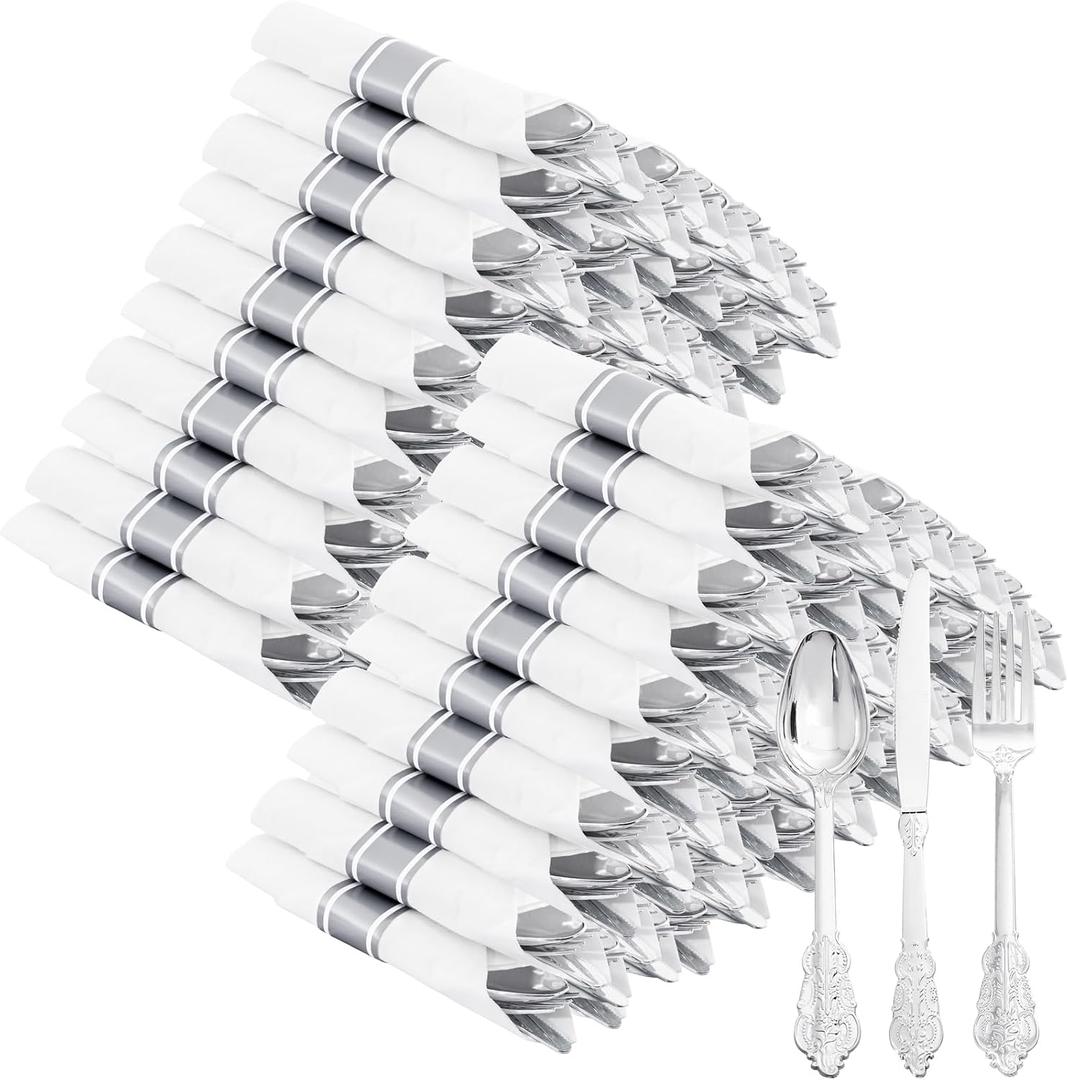 400PCS Pre Rolled Silver Plastic Silverware Sets - Heavy Duty Fancy Silver Cutlery - Include 100 Pack Wrapped Disposable Utensils with Napkins for Parties, Dinners & Weddings