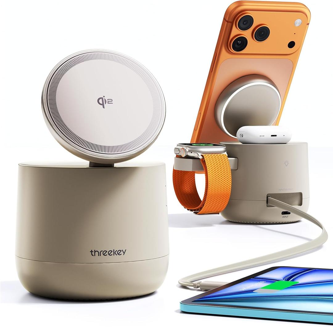 THREEKEY 4 in 1 Qi2 Magnetic Wireless Charging Station for MagSafe, 15W Fast Charger with Made for Apple Watch Charging Module, for iPhone 1712 Series & AirPods, 65W Adapter Included (Sand)