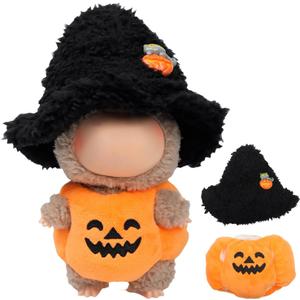 Handcrafted 2-Piece Doll Halloween Clothes Outfit for 15cm/17cm Labubu Doll Accessories (No Doll), Cute Pumpkin Dress with Witch Hat for Spooky Costume Girls Boys Collectors AK068BK