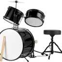 Kids Drum Set - 3-Piece Drum Kit with Cymbal, 2 Toms, Bass Drum and Pedal, Drumsticks, and Throne - Beginner Musical Instruments by Hey Play (Black)
