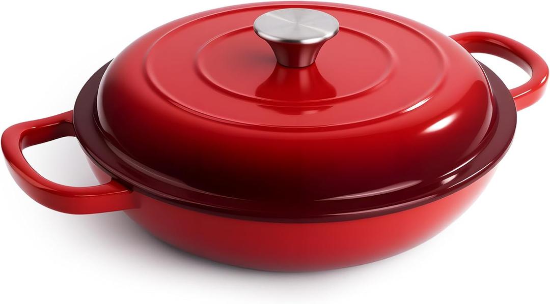 3 Quart Enameled Cast Iron Braiser, Non Stick Enameled Cast Iron Skillet with Lid, Dutch Oven Skillet with lid up to 500F for Oven, Stove, Grill, Shallow Dutch Oven for Cook, Bake (Red)