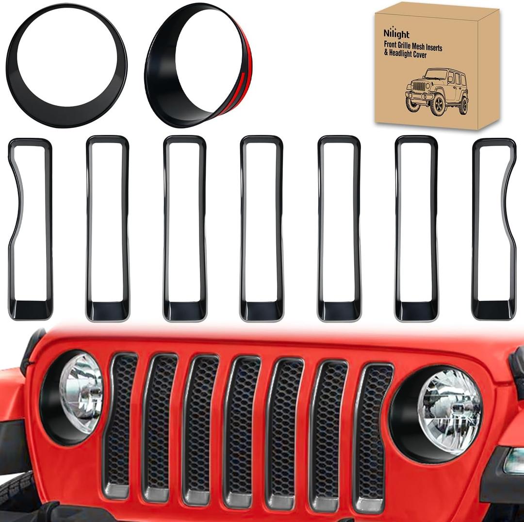 Nilight Grill Inserts fit for Jeep Wrangler Front Grille Inserts Headlight Cover Set for JL JLU Unlimited Sport Sports 2018 2019 2020 2021 2022 2023 Grille Bezels Trim Exterior Accessories Black 9 Pcs