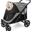 Dog Stroller for Medium/Large Dogs One-Click Folding 4 Wheel Pet Foldable Dog Stroller for 2 Dogs Jogger with Storage Pocket Suitable for Pets Up to 110LBS (Black&Grey)