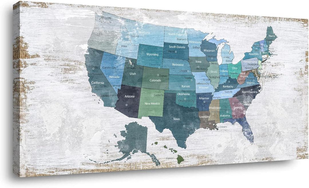 Map of The United States Wall Decor Map Canvas Wall Art for Wall Decoration Wood Background USA Canvas Prints for Bedroom Office Kitchen Home Wall Decor Framed Artwork Ready to Hang24"x48"