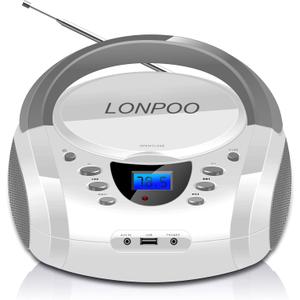 LONPOO CD Players Portable Boombox with FM Radio/USB/Bluetooth/AUX Input and Earphone Jack Output, Stereo Sound Speaker & Audio Player, White