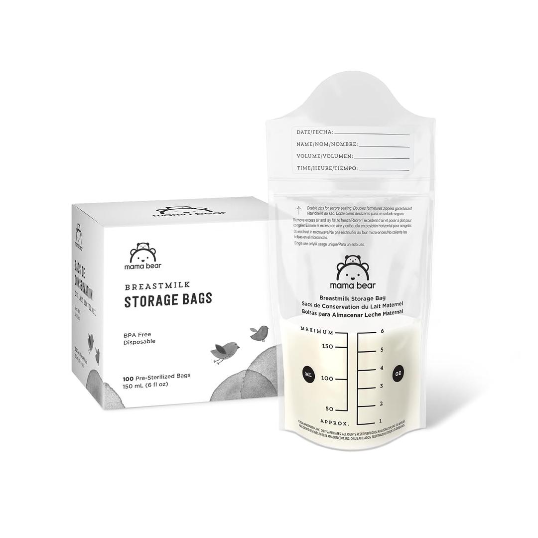Amazon Brand - Mama Bear Breastmilk Storage Bags, Pre-Sterilized, BPA Free, Double Zips, for Refrigeration and Freezer Storage, 100 Count, 6 fl oz