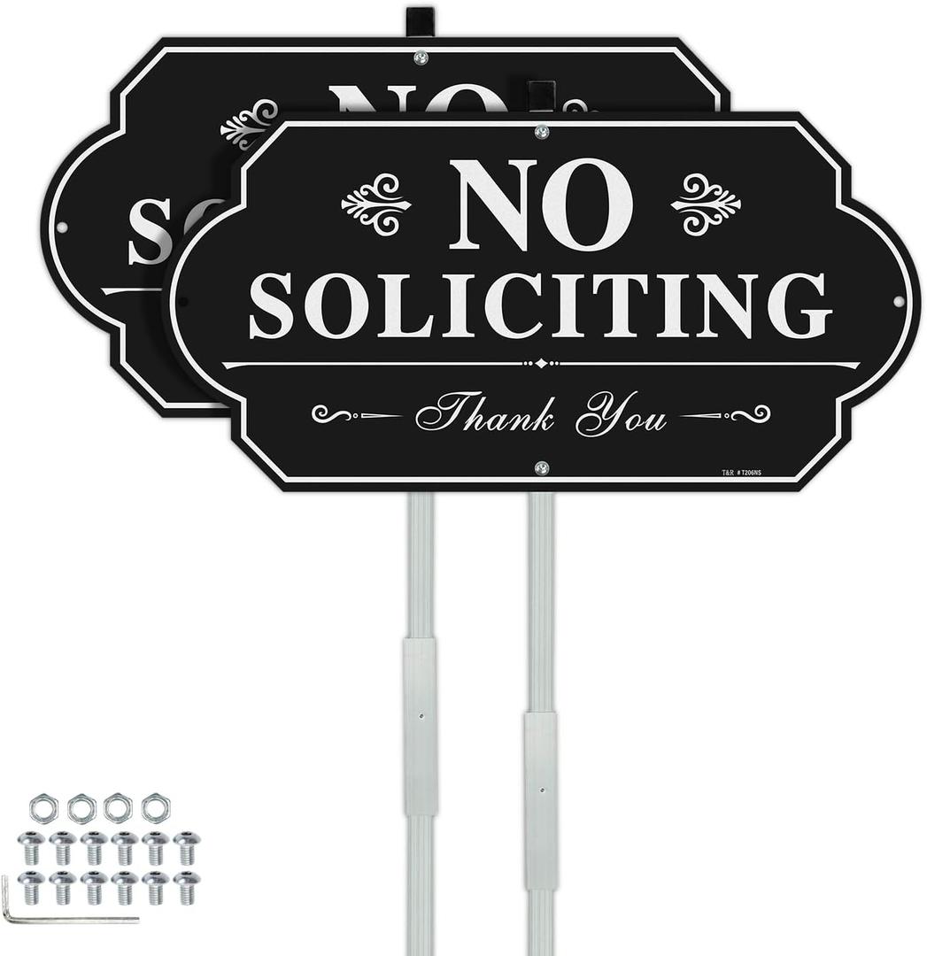 2 x T&R No Soliciting Sign for House with 42" Stake 2 Pack - 13.5"x7" .040 Rust Free Aluminum, Reflective, Waterproof, Weatherproof and Fade Resistant, 4 pre-drilled holes,Includes Matching Screws & Wrench, Easy to Mount