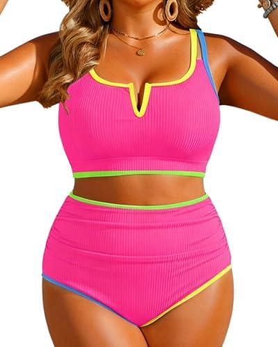 Yonique Women Plus Size High Waisted Bikini - Ribbed 1 Piece Swimsuit Tummy Control Bathing Suit V-Wired 2026 Swimwear, 16W