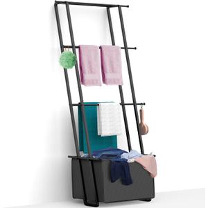 Blanket Ladder Towel Rack with Basket, Wall Leaning Ladder Towel Rack Blanket Holder Rack Drying Rack, 4-Tier Blanket Ladders for Living Room Bathroom (Black with Bag)