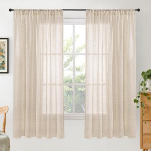 BGment 63 Inches Long Burlap Linen Semi Sheer Curtains for Living Room - Natural Tan Drapes Rod Pcoket Light Filtering Window Treatments for Farmhouse Bedroom Lightweight, 2 Panels Set, 52 X 63 Inch