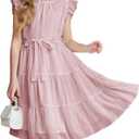 Arshiner Tween Girls Summer Dress Formal Ruffle Sleeve A Line Casual Elegant Dresses with Belt (5-6, Light Pink)