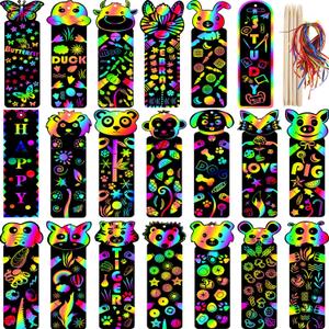 Blulu 100 Pieces 20 Styles Valentines Animal Scratch Art Bookmarks for Kids Scratch DIY Bookmark Crafts with 100 Pcs Ropes 20 Pcs Wood Stylus for Boys Girls Students Classroom