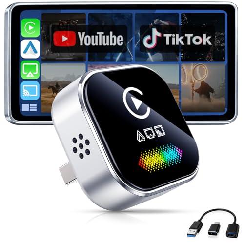 AQLUCG Wireless CarPlay Adapter for iPhone – 2026 4-in-1 Dongle with AirPlay & Screen Mirroring, Low Latency, 5-Second Auto Connect for Wired Cars, Includes USB A/C（Silvery）