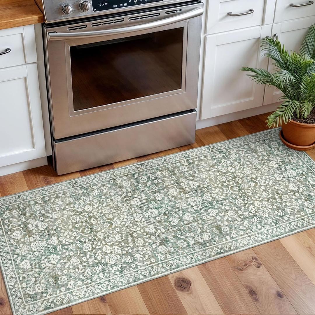 Vintage Washable 2x5 Rug Runner, Sage Green Beige Runners for hallways, Super Soft Kitchen Runner Rug Non Slip, Print Faux Wool Floral Thin Carpet Runner for Entryway Indoor Bedroom