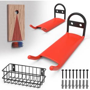 2 Pcs Cornhole Board Hanger Wall Mount with Bean Bag Basket, Heavy Duty Cornhole Board Storage Hooks & Wall Holder - Cornhole Accessories & Cornhole Game Board Rack