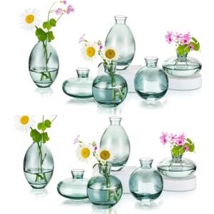 Glass Bud Vases Set of 12, Hewory Cute Green Small Vases Handmade, Mini Glass Flower Vase for Floral Arrangement, Tiny Centerpiece for Home Office Wedding Party Events Table Decor (Not Include Flower)