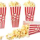 RAYMEA Plastic Popcorn Containers Red & White Striped Retro Style Reusable Popcorn Boxes for Movie Night 4x8 (4 Pack)