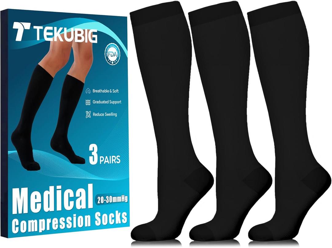 3 Pairs Medical Women Men Compression Socks Knee High 20-30 mmhg Graduated Stocking Support Hose Cute for Running Travel, S/M